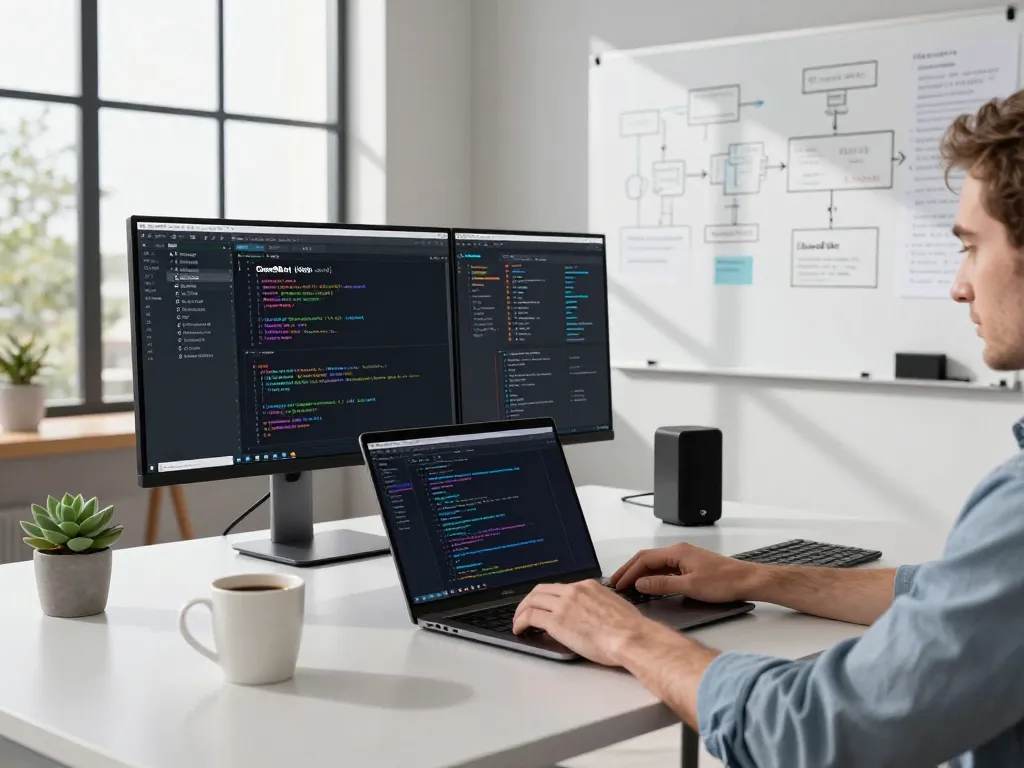 Developer using Clawdbot in a modern office workspace with dual monitors.