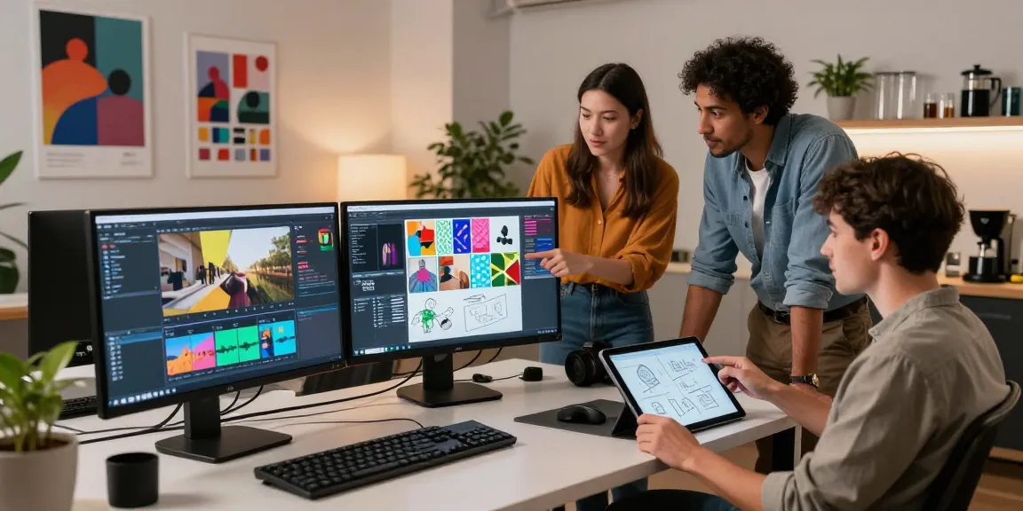 Creative team collaborating on ai seedance 2.0 video projects in modern workspace.