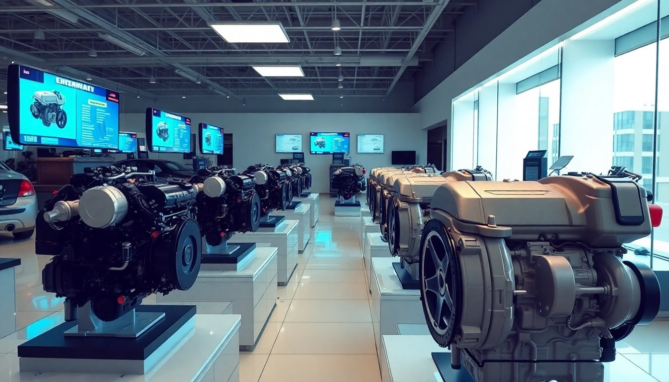 Browse various used engines showcased in a bright, modern dealership environment.