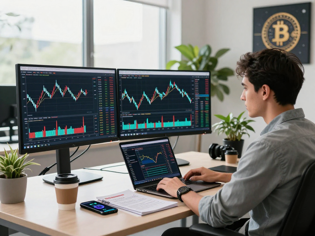 TradingView analysis setup with dual monitors and trading data in a modern workspace