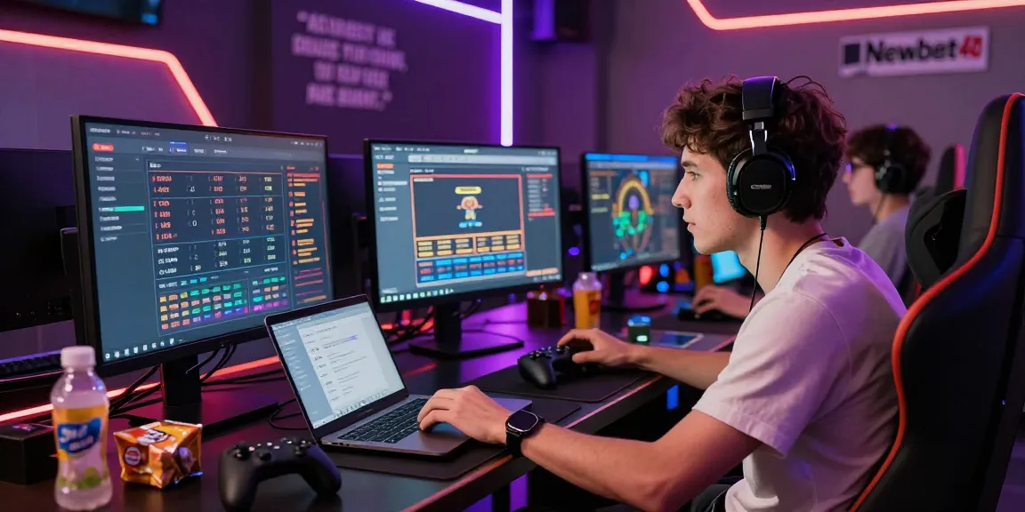 Gamer engaged with Newbet4D online betting platform in vibrant workspace.