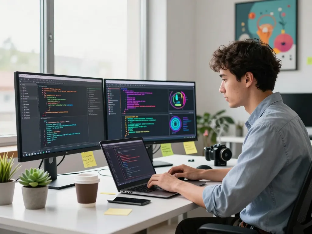 Innovative workspace showcasing an image to prompt ai setup with developer coding, monitors, and coffee.