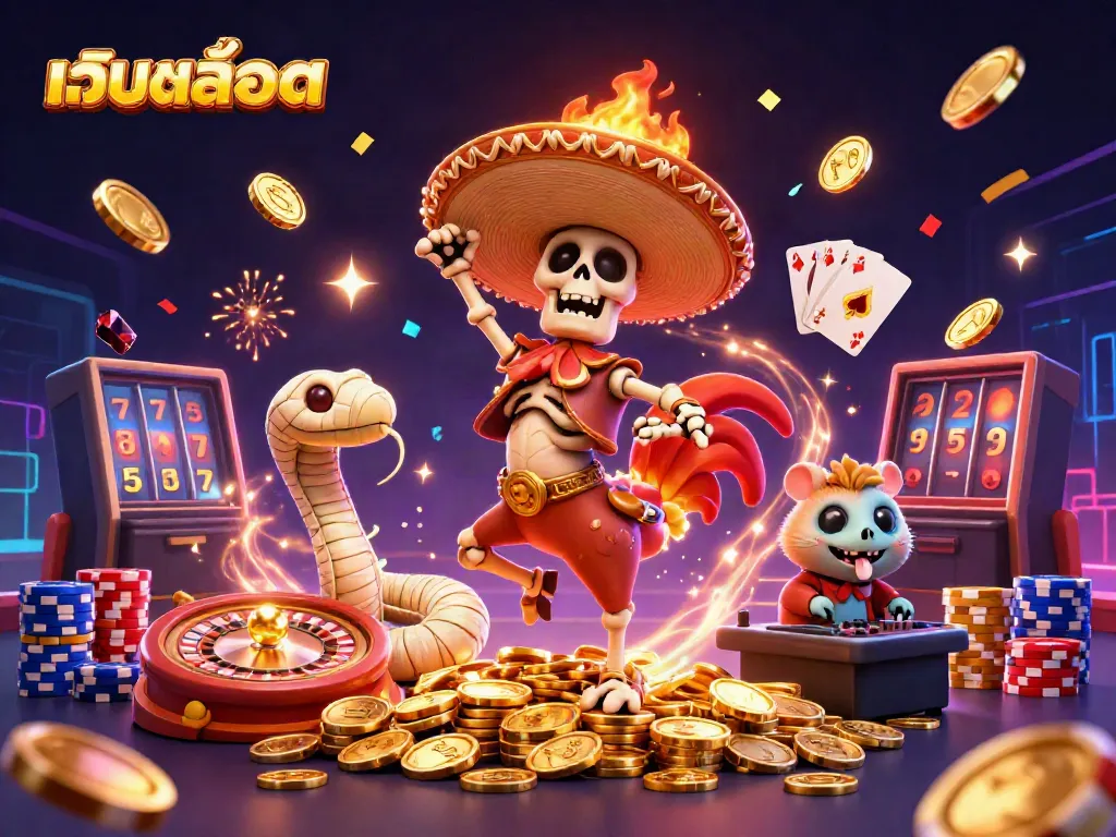 Experience thrilling เว็บสล็อต action with a lively 3D scene of colorful casino characters celebrating victories and jackpots.