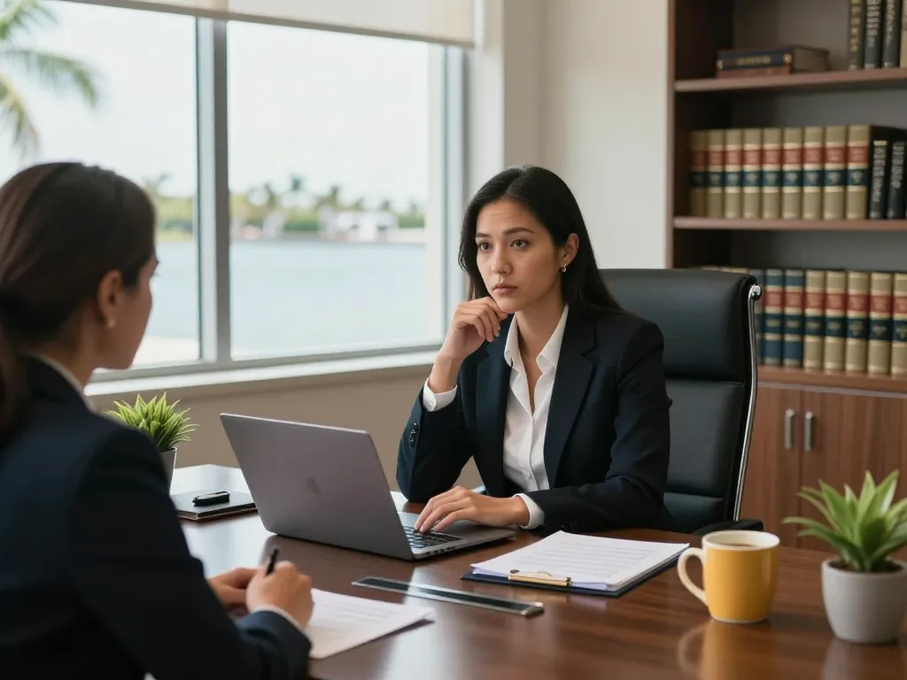 Palm Harbor Divorce Lawyer consulting with a client in a modern law office, highlighting compassionate legal representation.