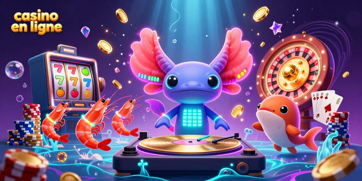 Casino en ligne : un DJ axolotl dans une scène animée de plongée avec des crevettes dansantes et des symboles chanceux.