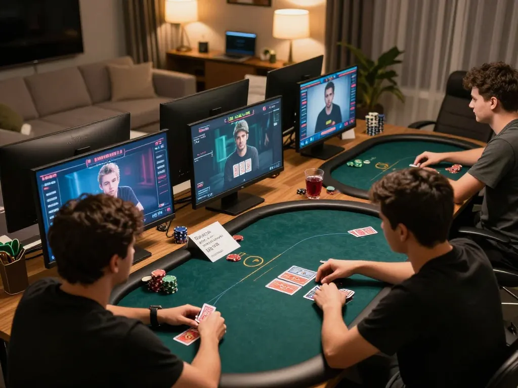 Engaged players strategizing in an online poker game at home, showcasing RR88 SELECT excitement.