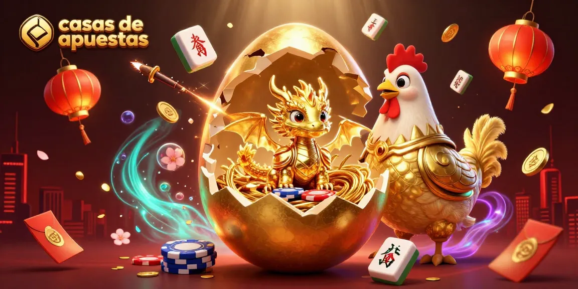 Descubre las casas de apuestas con un dragón dorado y fichas de póker brillantes en un entorno vibrante.