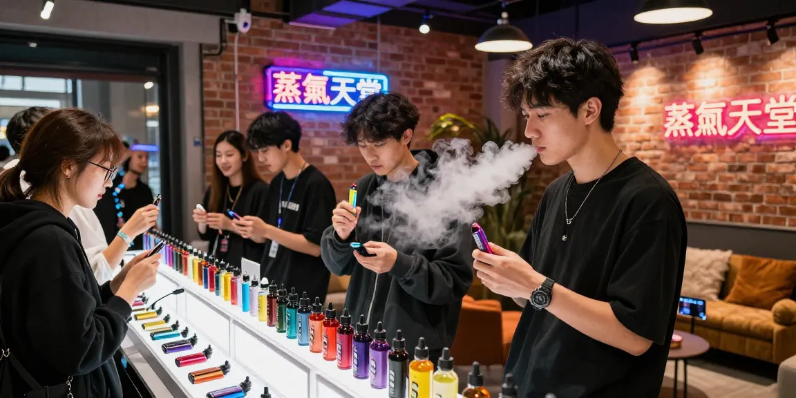 Group of friends enjoying vapor products at 蒸氣天堂 vape shop, showcasing modern vapes and colorful e-liquids.