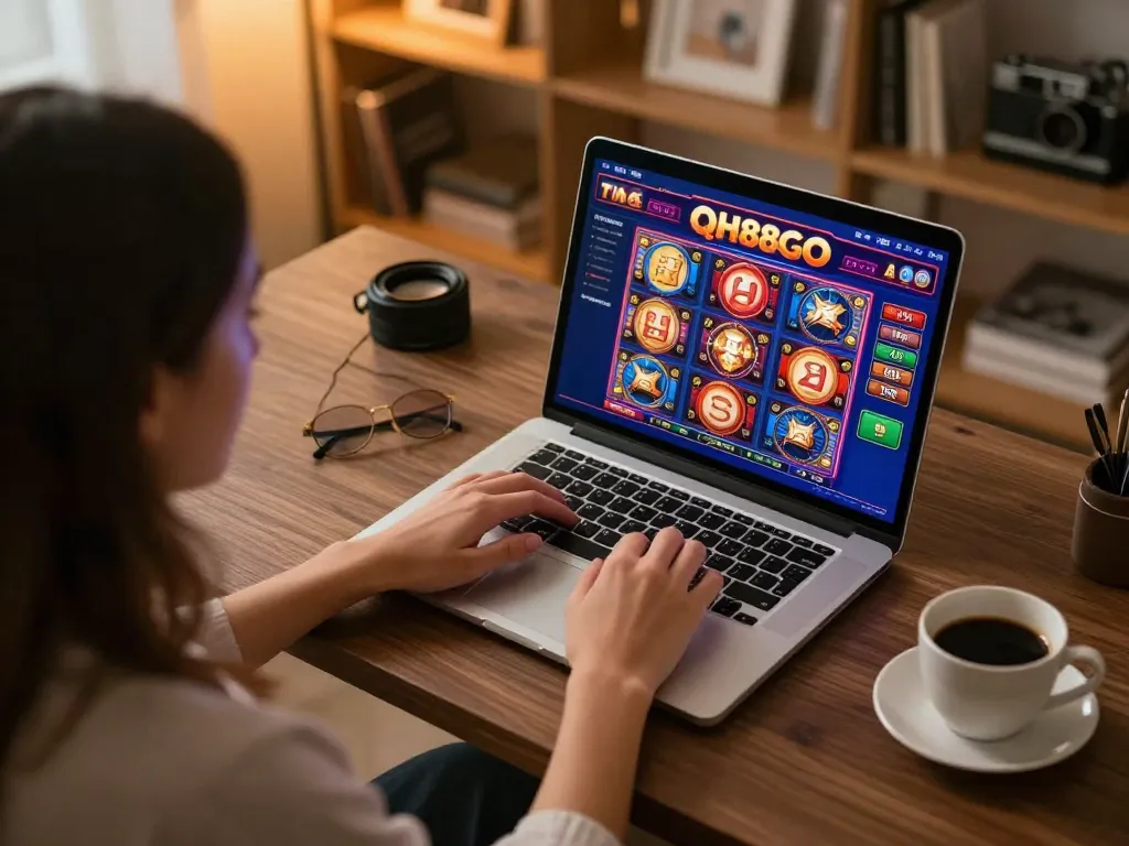 Player enjoying QH88GO online casino slot games in a cozy home office setting.