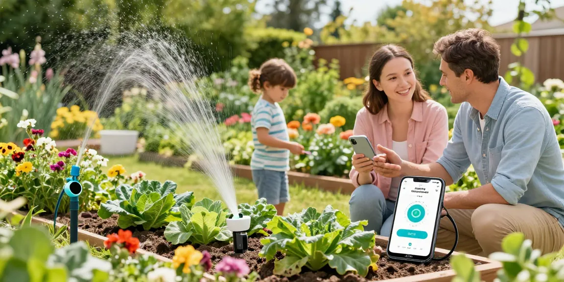 Family using rainpoint wifi water timer in lush garden to optimize watering schedules and enhance plant growth.