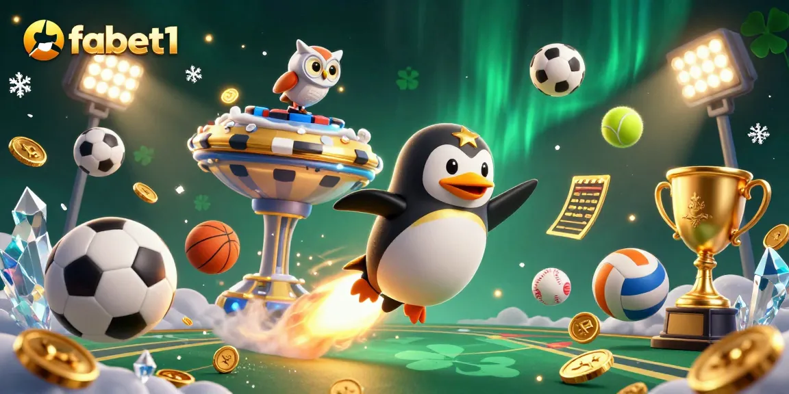 fabet1 features a golden penguin and casino space elements in a dynamic gambling scene.