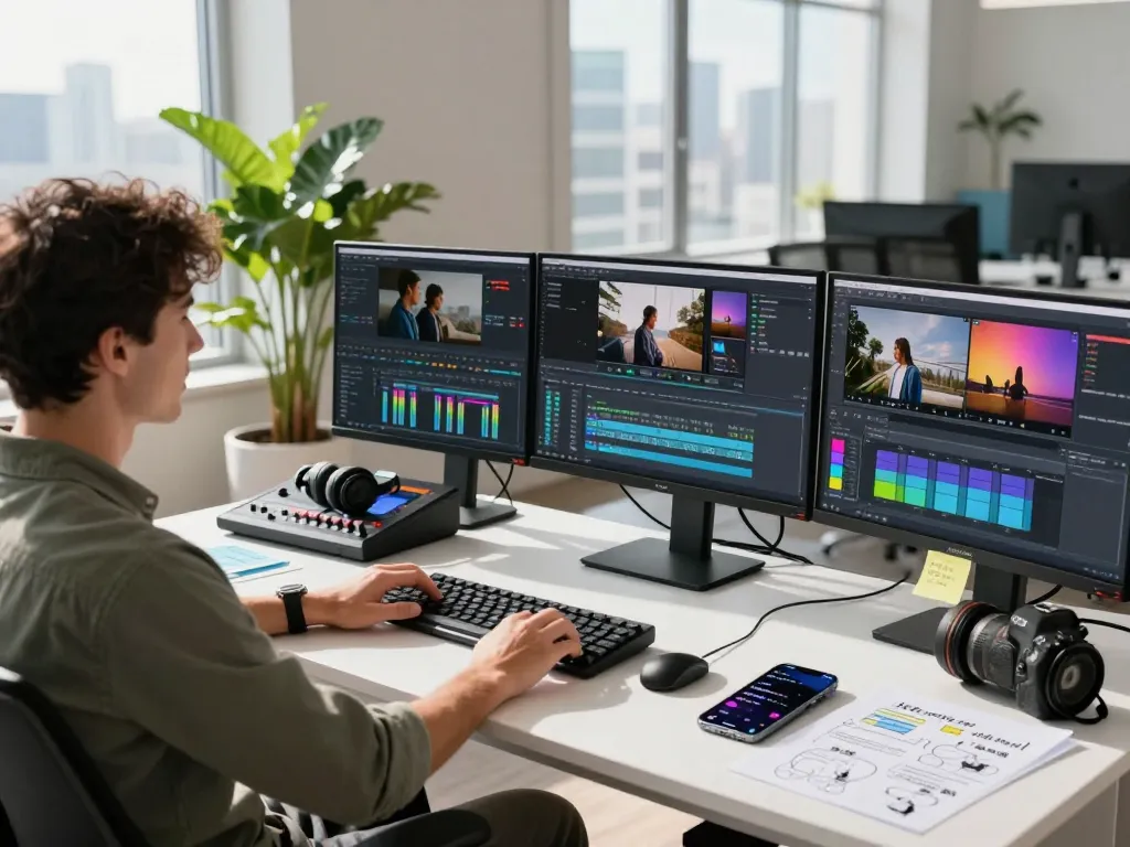 A video to prompt ai generator in a modern studio with an editor at work, showcasing multiple screens and creative elements.