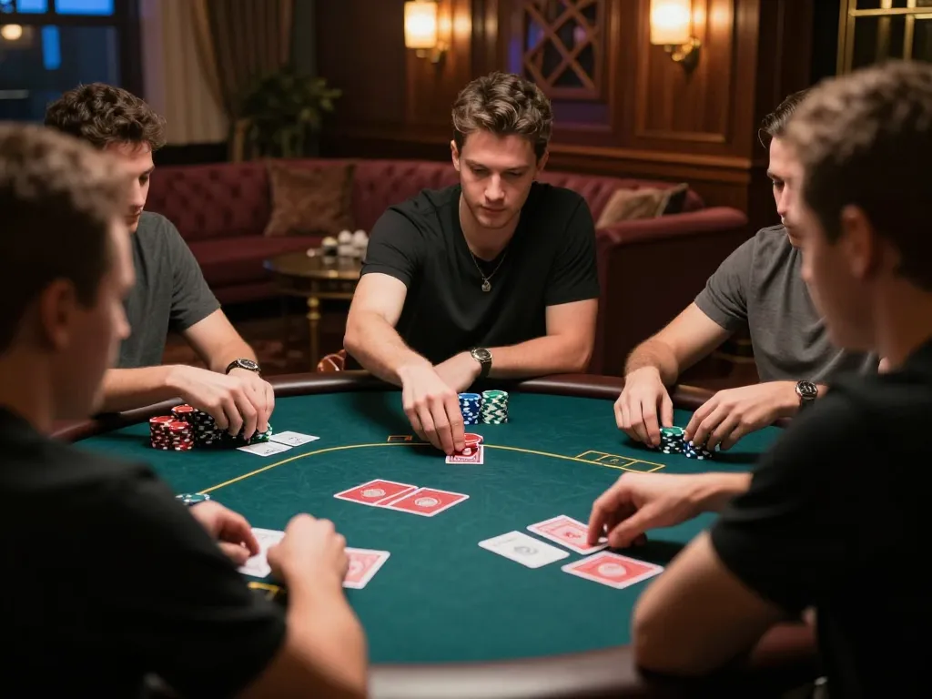 Player engaging in a strategic poker game at kerajaanslot, surrounded by chips and focused players.