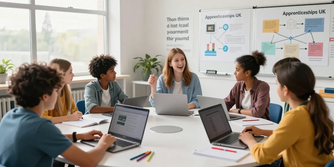 A dynamic classroom scene highlighting opportunities in Apprenticeships UK with diverse young learners engaged in discussions.
