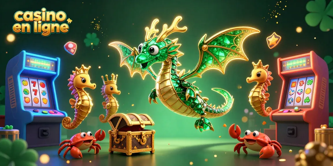 Vivez l'expérience du casino en ligne avec un dragon marin 3D et des machines à sous colorées.