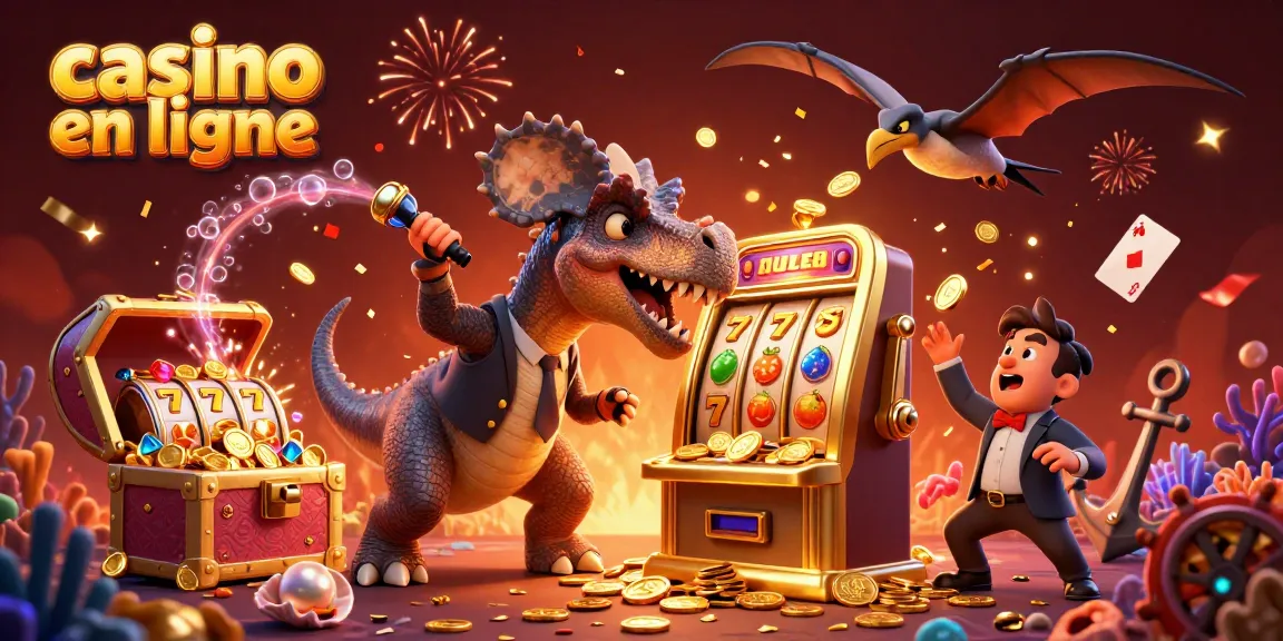 Ce casino en ligne représente un dinosaure frappant une machine à sous dorée, symbolisant le jackpot.