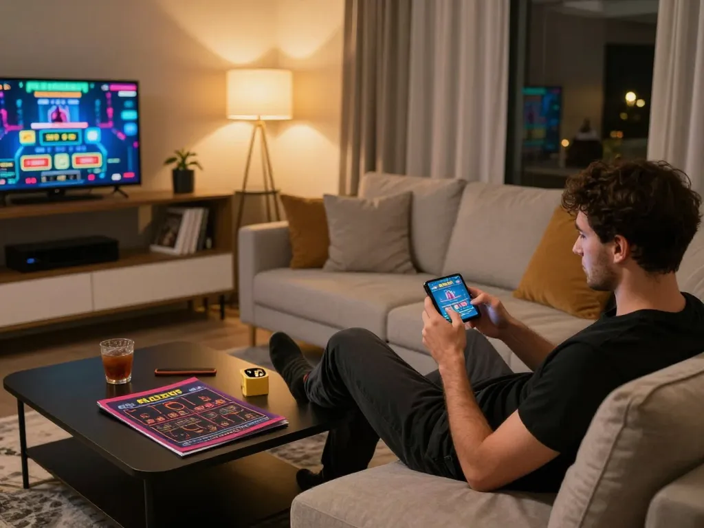 ALO8 player engaged in mobile gambling on smartphone, showcasing a cozy online gaming experience