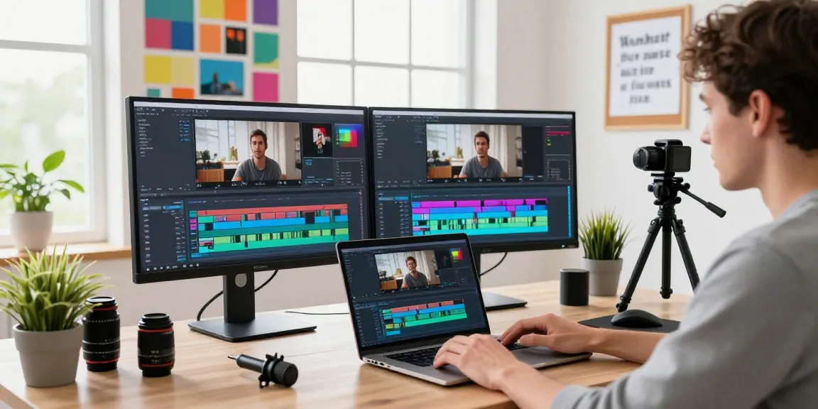 Content creator generating ai video prompts in a vibrant editing studio with dual monitors and filming equipment.