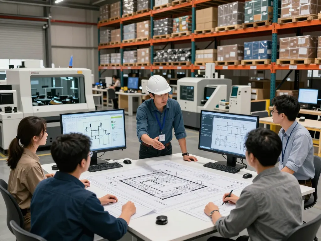 Architect discussing Warehouse Design layout in a modern, organized space with team members, showcasing advanced functionality.