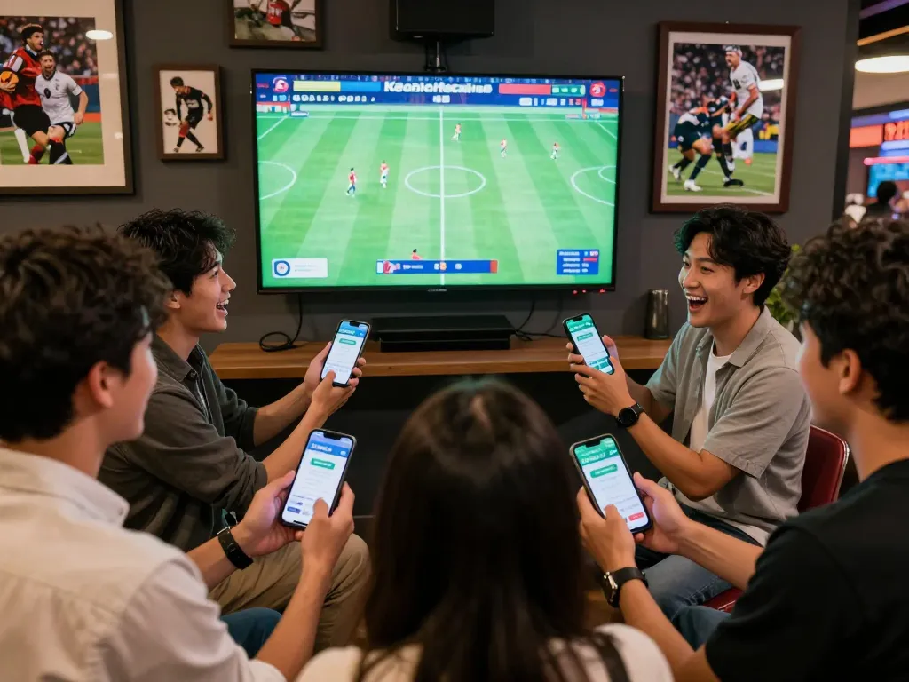 Friends engaging in live sports betting using the keonhacaii88 app on smartphones at a lively venue.