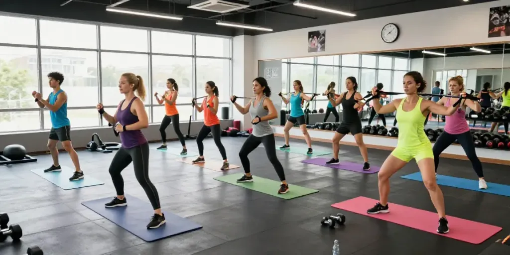 Group workout session at a modern gym featuring Swiss Chems fitness enthusiasts engaging in resistance training.