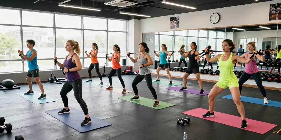 Group workout session at a modern gym featuring Swiss Chems fitness enthusiasts engaging in resistance training.