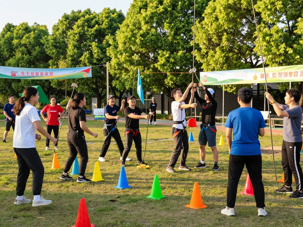 Participants enjoying an outbound jogja experience with team-building activities in a scenic outdoor setting.
