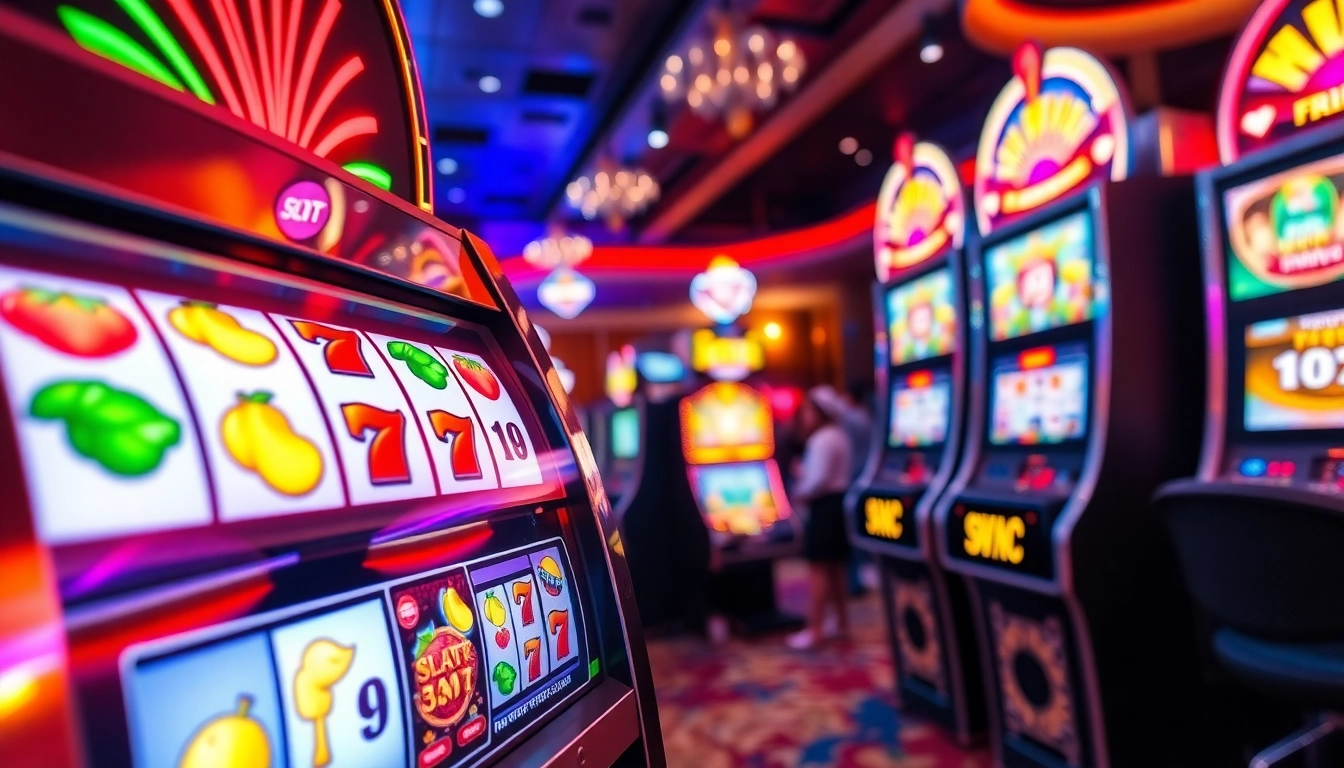 Menangkan slot777 dengan mesin slot yang berkilau dan penuh warna di kasino yang ramai.