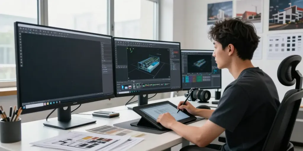 Designer creating 3D modelling for architecture in a modern workspace.