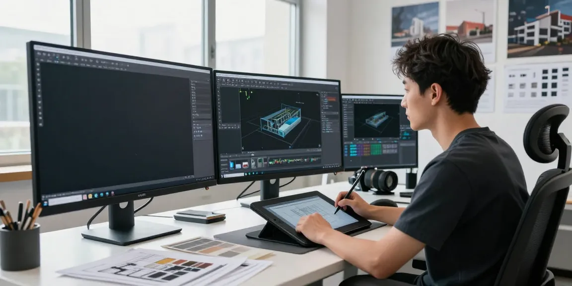 Designer creating 3D modelling for architecture in a modern workspace.