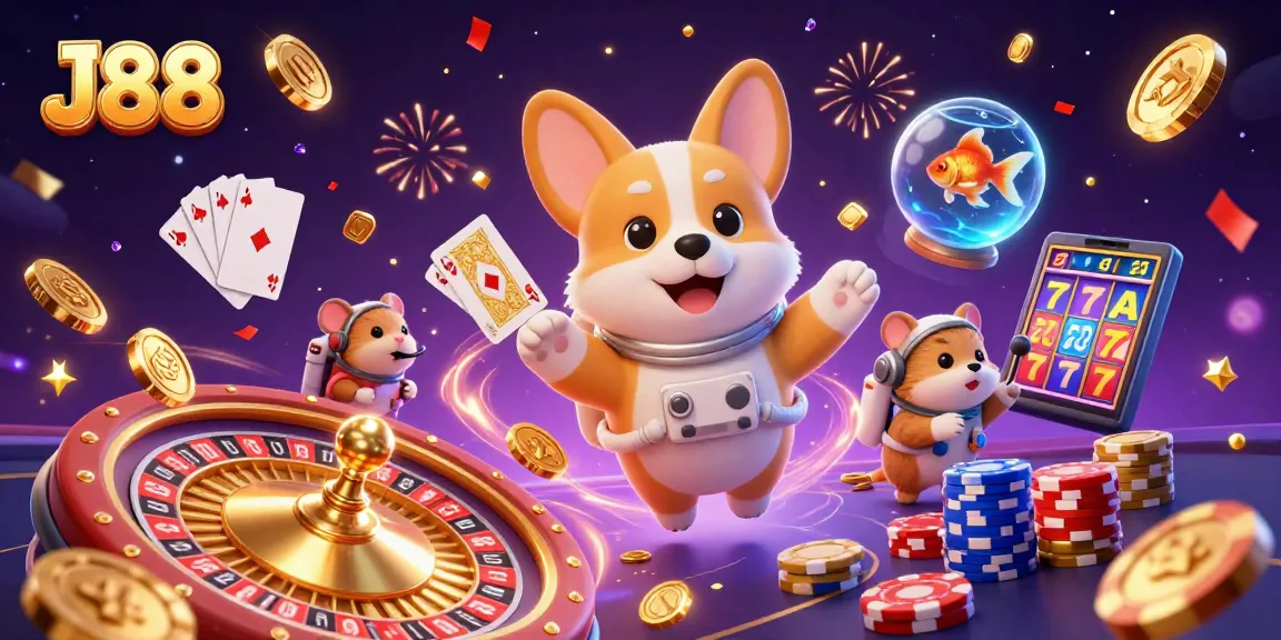 Experience the thrill of J88 as characters engage in casino fun amidst floating coins and dynamic games