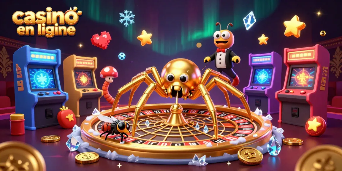 Casino en ligne : illustration 3D avec une araignée dorée et un croupier mille-pattes.