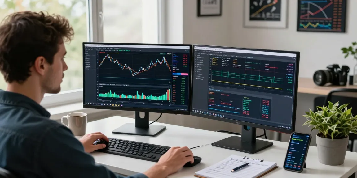 Trader using mt4 platform with charts and Expert Advisors in modern home office