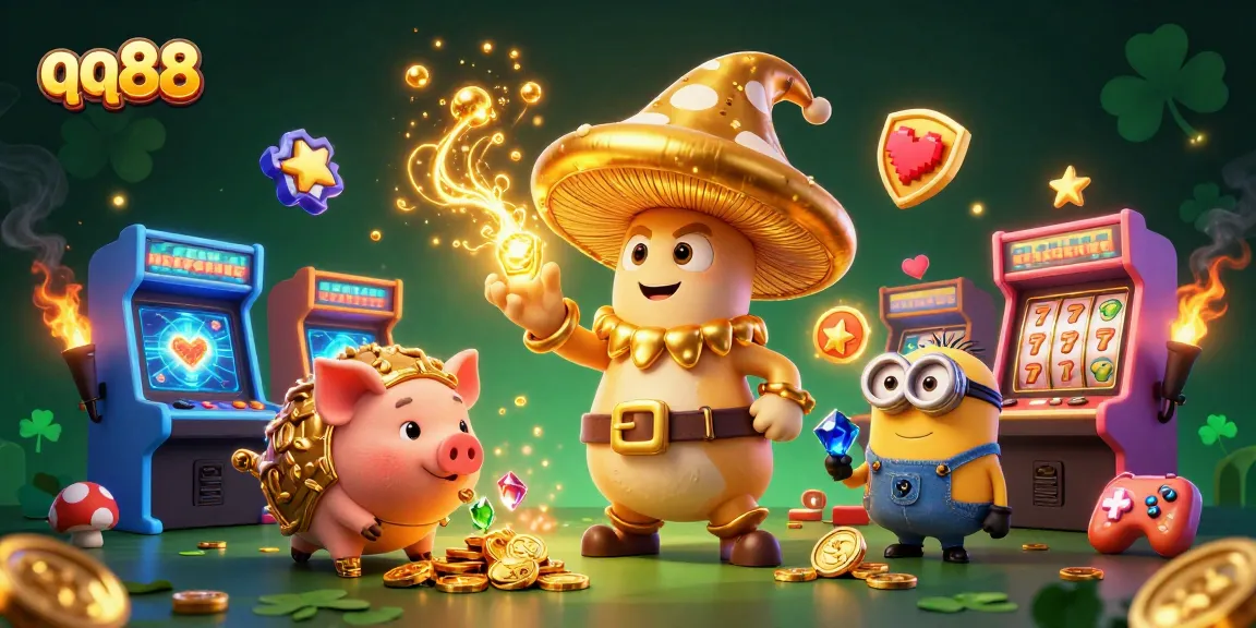 Engage with the vibrant qq88 casino magic featuring a golden wizard, truffle pig, and gem-carrying minions.