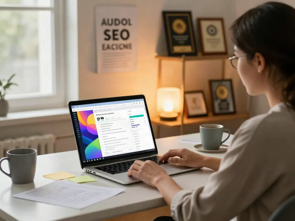 AI generated meta descriptions focused digital marketing workspace with analytics and inspiration.