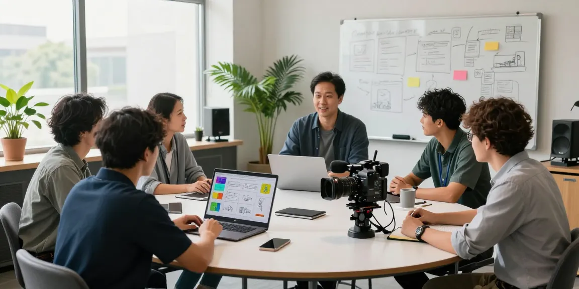 Best corporate video production company Singapore team collaborating on creative project in bright studio.