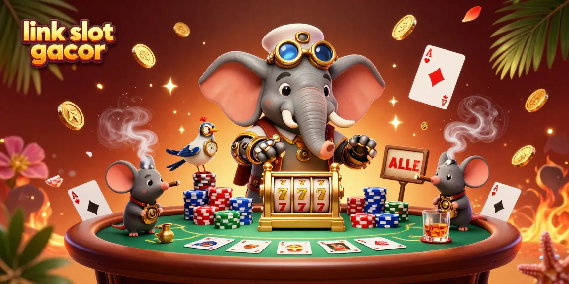 Slot gacor yang menarik dengan gambar gajah steampunk memutar mesin slot yang penuh warna.