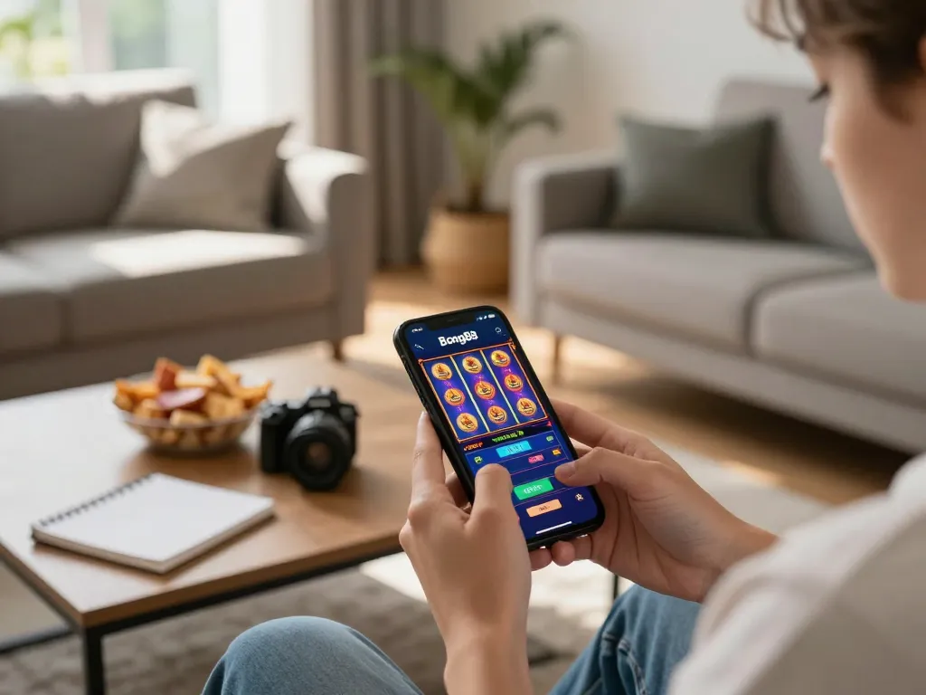 Bong88 user engaging with mobile gaming interface in a cozy home setting, showcasing modern design and strategic betting.