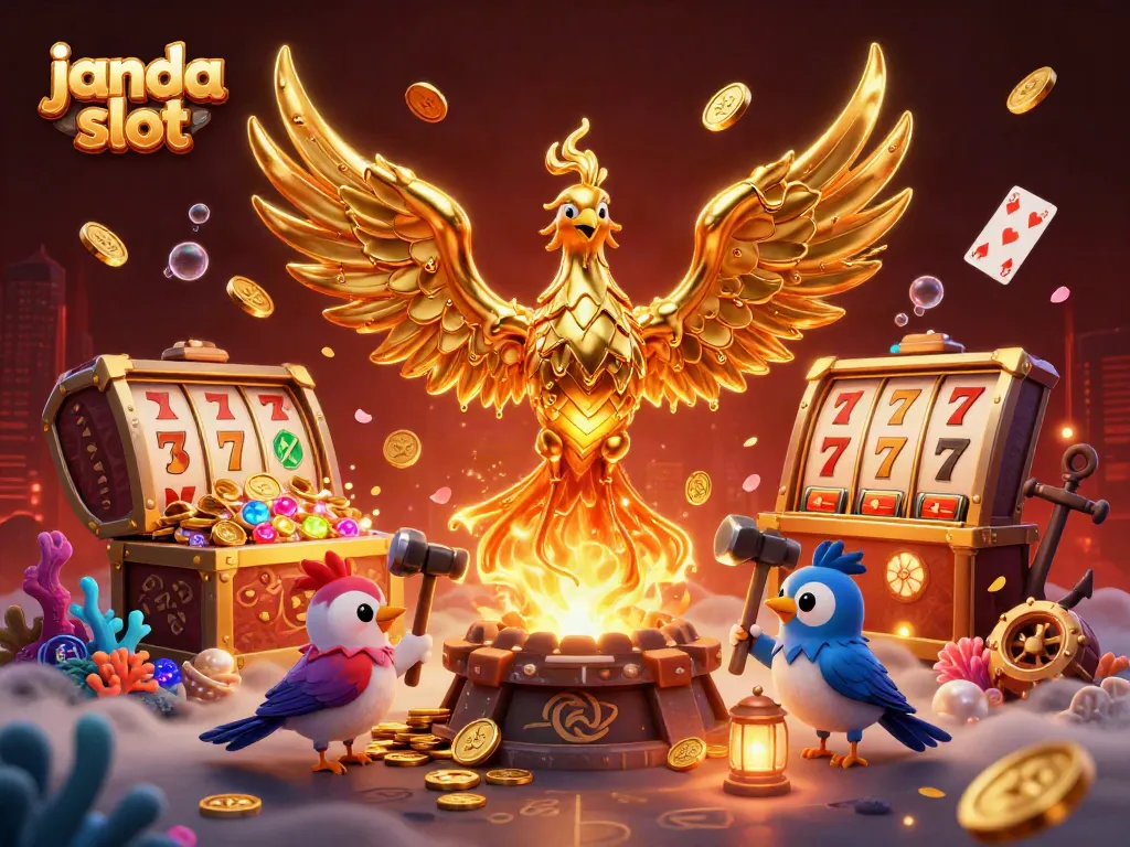 Slot janda slot yang menampilkan phoenix emas, harta karun, dan berbagai elemen perjudian lainnya.