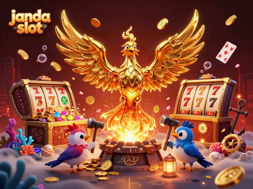 Slot janda slot yang menampilkan phoenix emas, harta karun, dan berbagai elemen perjudian lainnya.