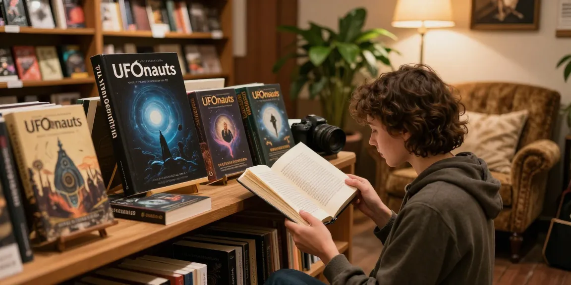Explore T Allen Greenfield's 'UFOnauts' at https://tallengreenfield.com in a cozy bookshop setting.