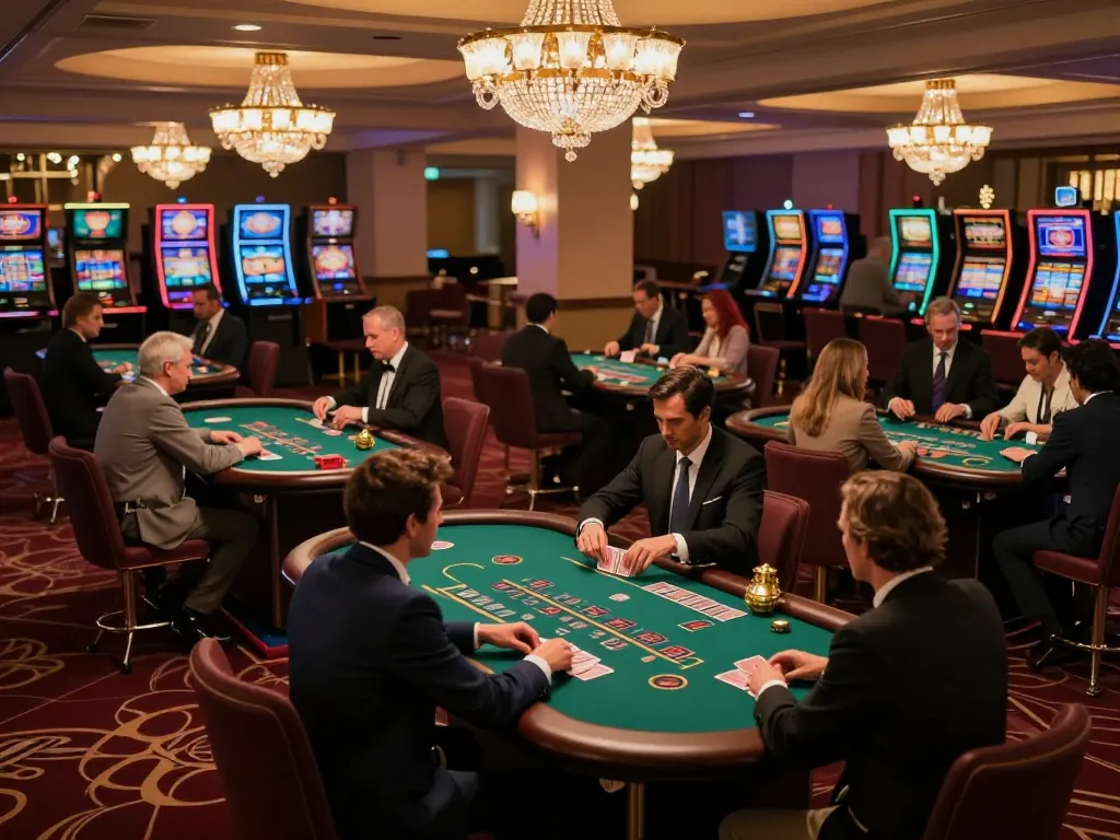 A New York City Personal Injury Lawyer analyzes gaming strategies at a vibrant blackjack table in a bustling casino.