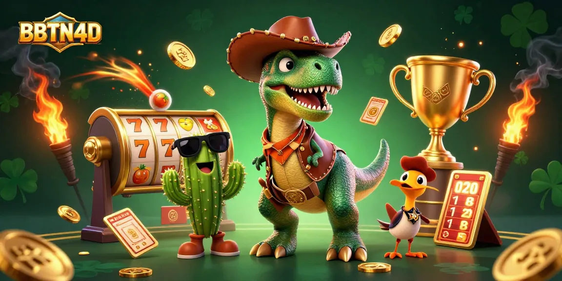 Permainan slot dan jackpot BBTN4D diilustrasikan dengan dino koboi, kaktus, dan burung pengantar dengan elemen kasino yang berkilau.