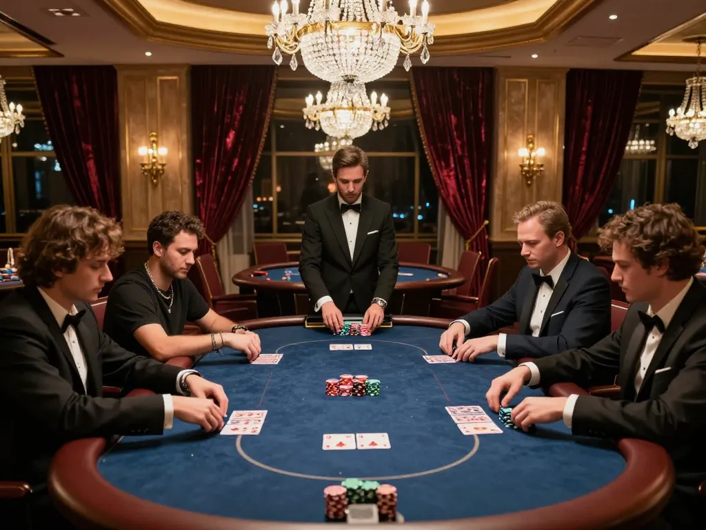 Players engaging in an intense game at the Rikvip VIP poker table in an upscale casino.