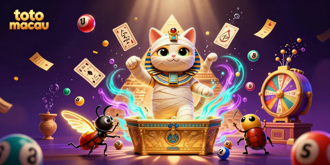 Gambar toto macau yang menarik dengan kucing mumi dan elemen judi menyerupai lotere.