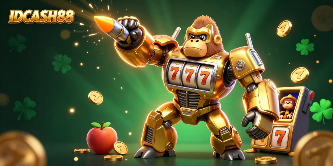 Experience innovative gaming with IDCASH88, featuring a golden gorilla mech and vibrant slot game elements.