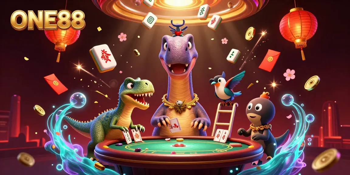 Experience the dynamic gaming world of ONE88 with a giant brontosaurus and clever raptor in action.