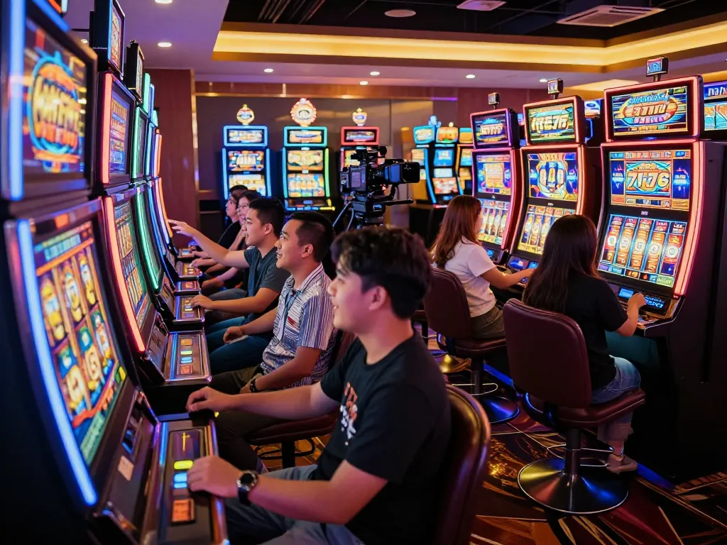 Players engaged at slot gacor 777 machines, eager for big wins and colorful spinning reels in a lively casino setting
