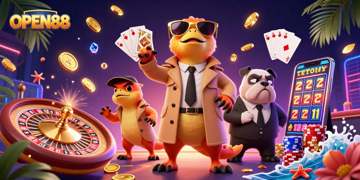 Experience thrilling moments at OPEN88 with raptors dressed as players in a vibrant casino scene.