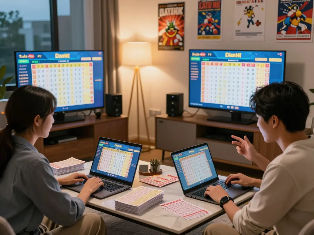 Players reviewing Data HK results in a cozy living room during an exciting lottery game.